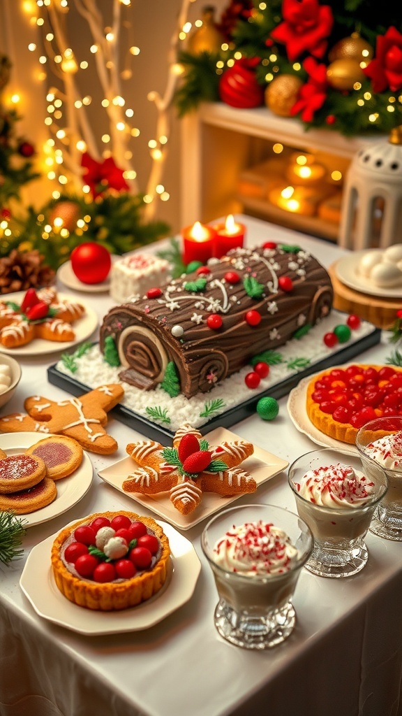 A festive dessert table featuring a chocolate yule log, gingerbread cookies, cranberry tart, and peppermint mousse.
